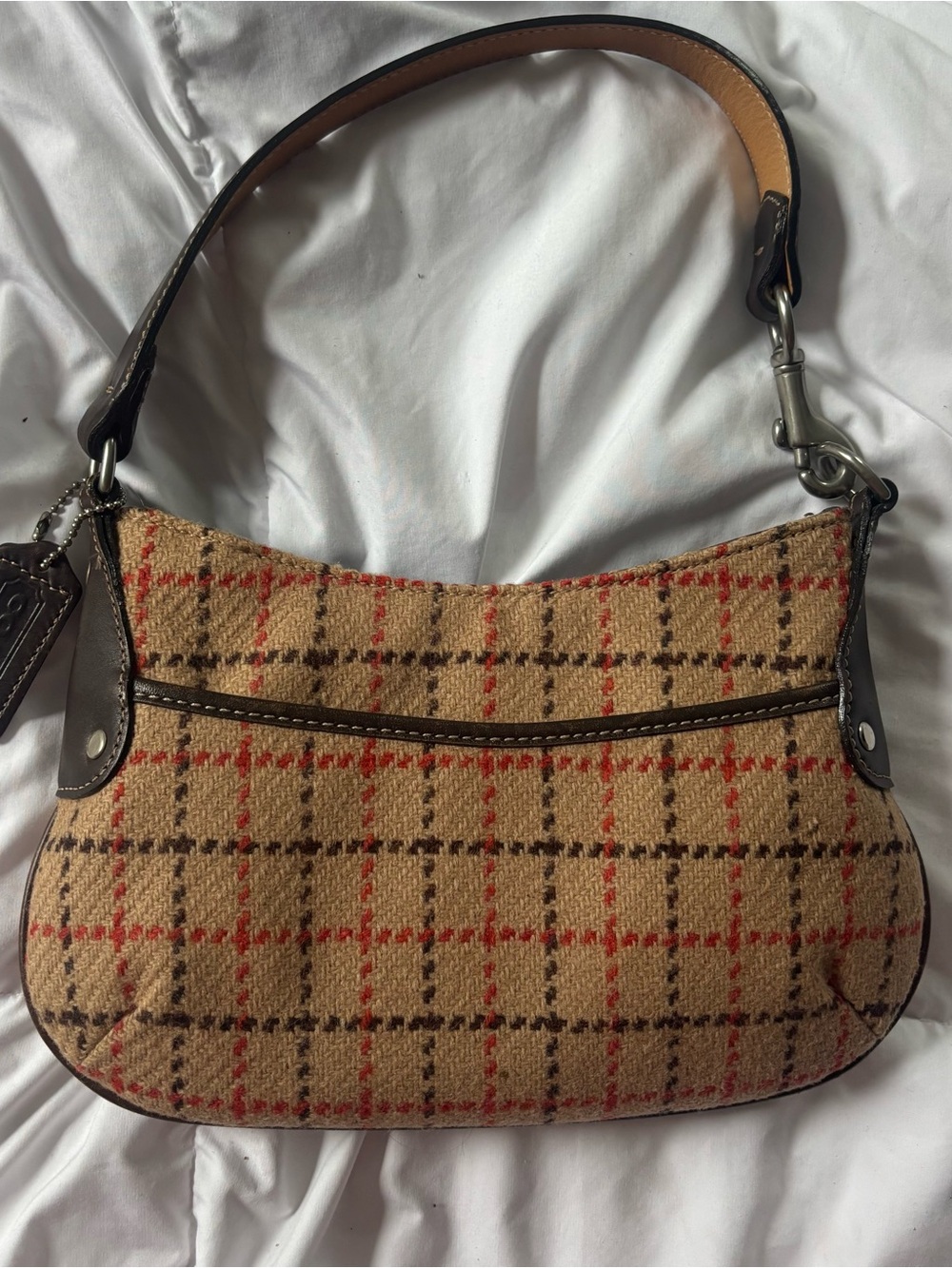 Coach Plaid Wool Demi Mini Purse Bag in Tan, Red and Brown